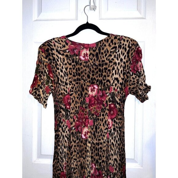 Vintage PRETTY PINK Short Sleeve Crinkle Animal Print Maxi Dress Gypsy 90s - Picture 9 of 11